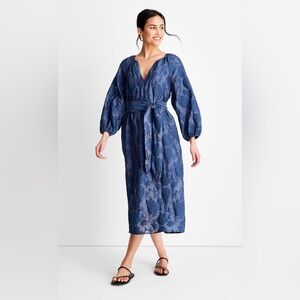 Future Collective Navy Blue Puff Sleeve Belted Midi Dress